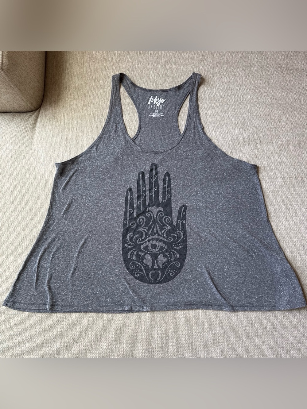 tokyo Darling Gray Racerback Tank with Hamsa Hand Print